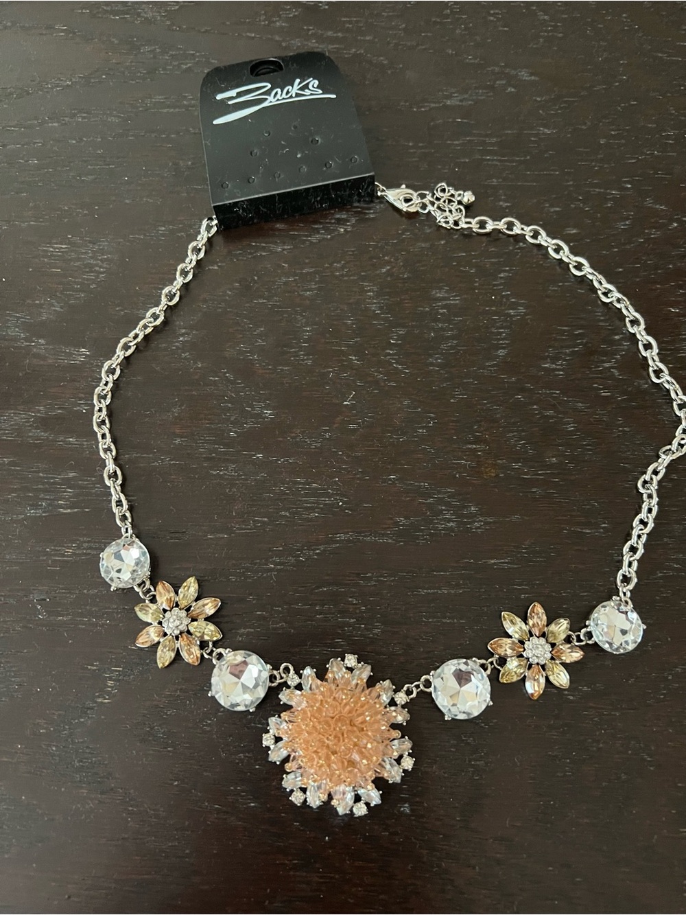 Necklace with Peach and Clear Crystal Floral Pendant